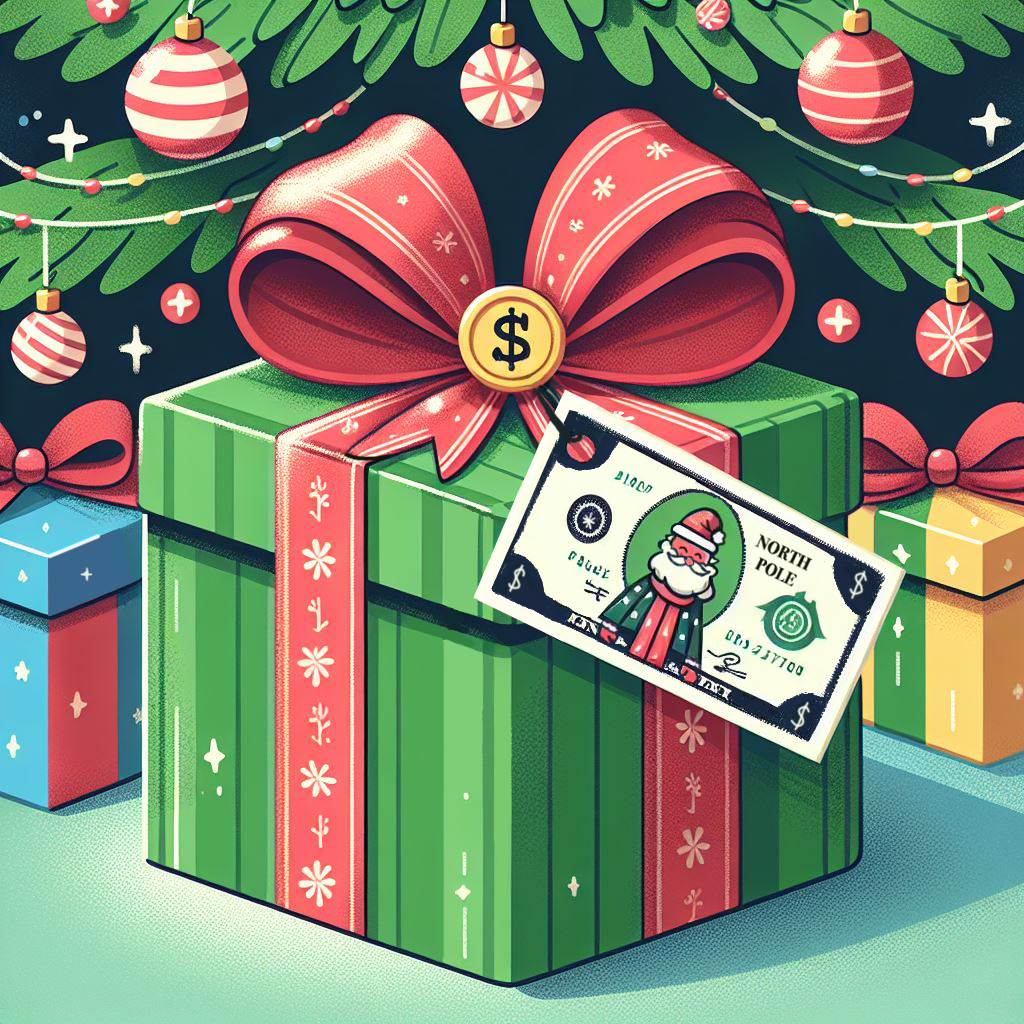 Graphic design of a present wrapped in a red bow and dollar tag under a decorated tree.