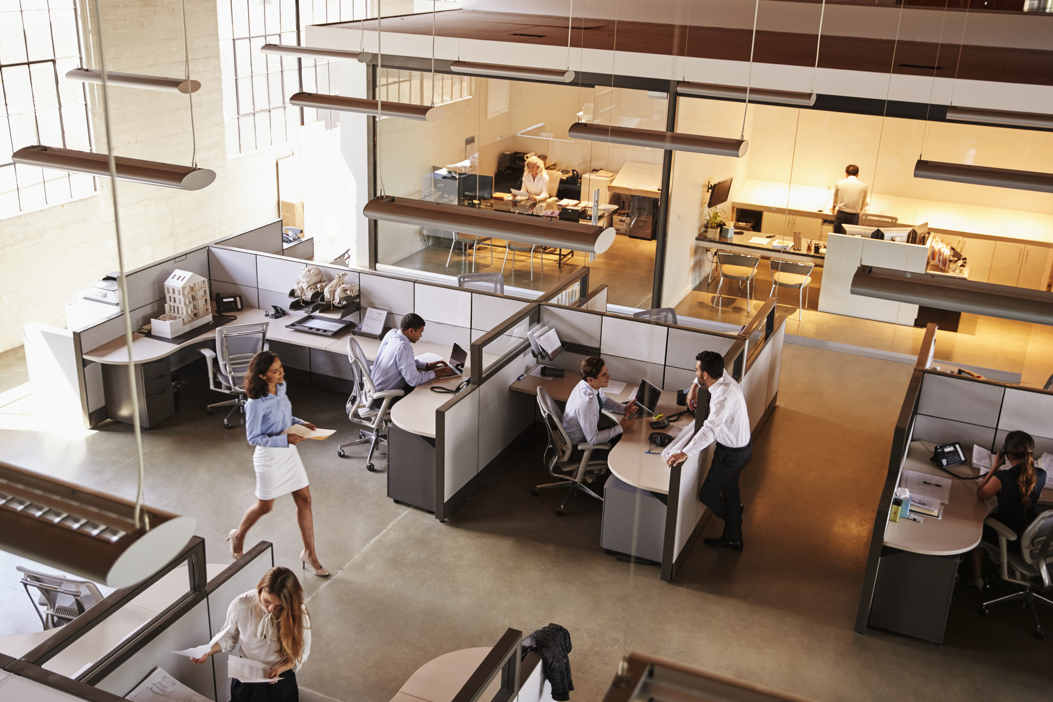 Overhead view of a busy office environment